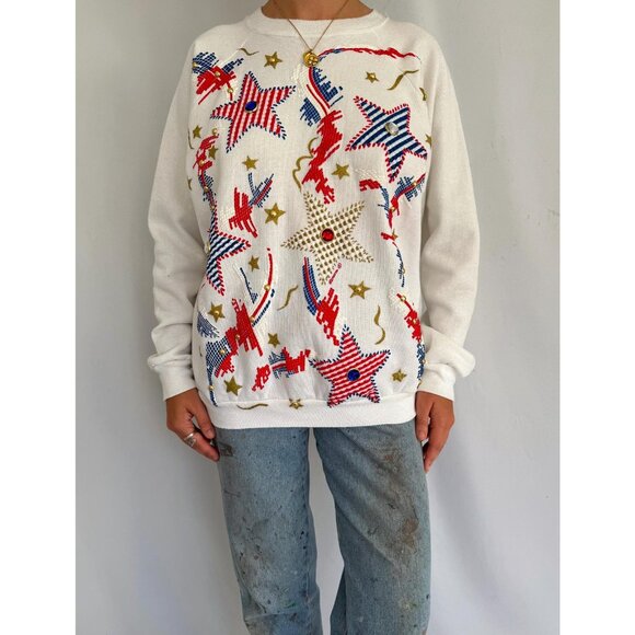 80s vintage embellished abstract star print USA retro graphic pullover sweater - Picture 1 of 7
